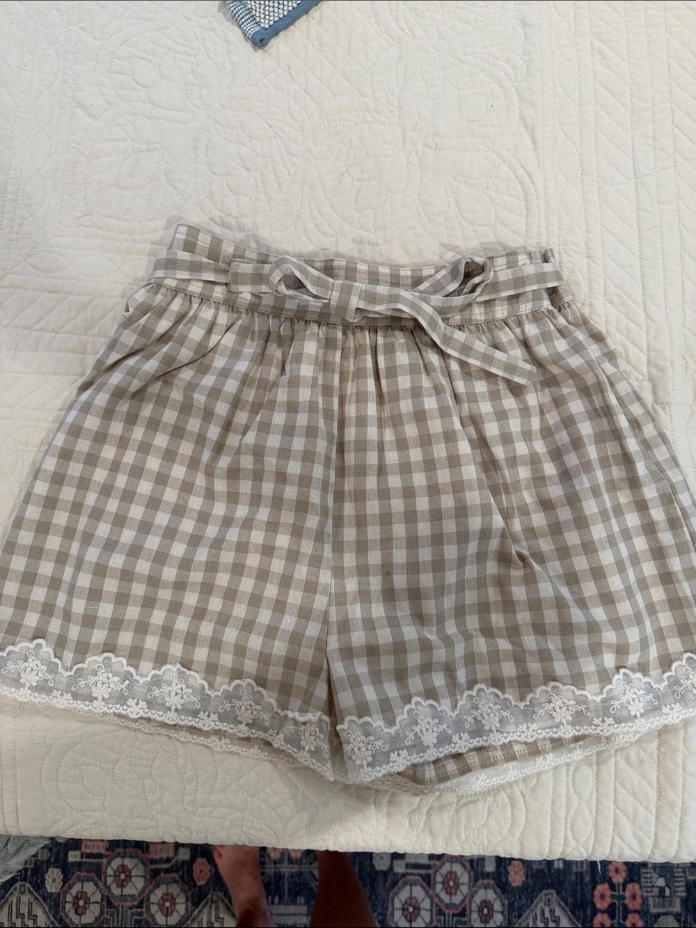 Vici Beige and White Gingham High-Waist Lace-Trim Shorts